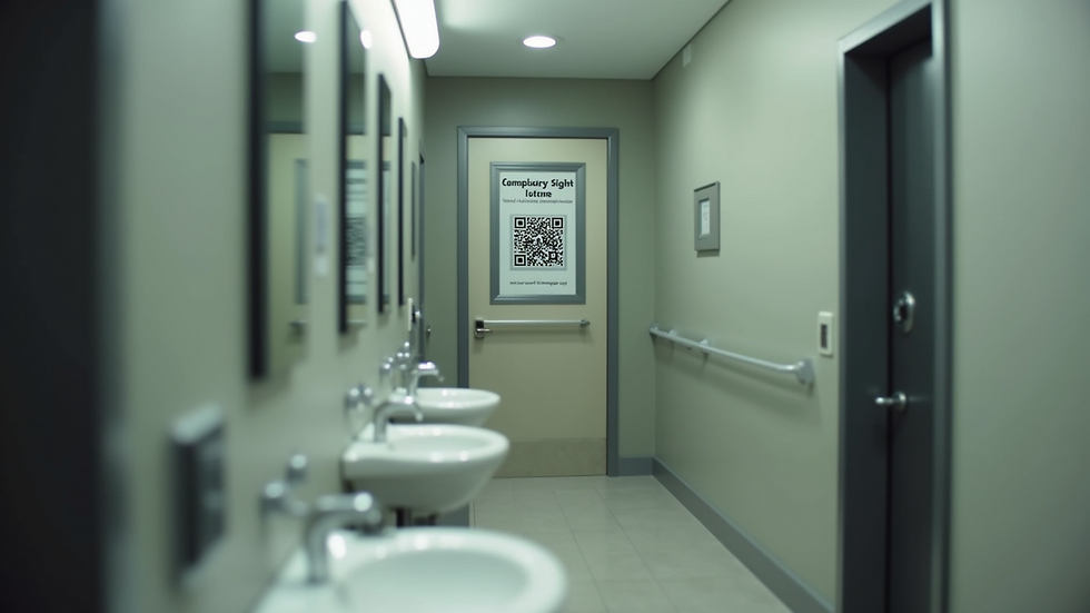 Close-up view of a restroom mirror with a QR code advertisement