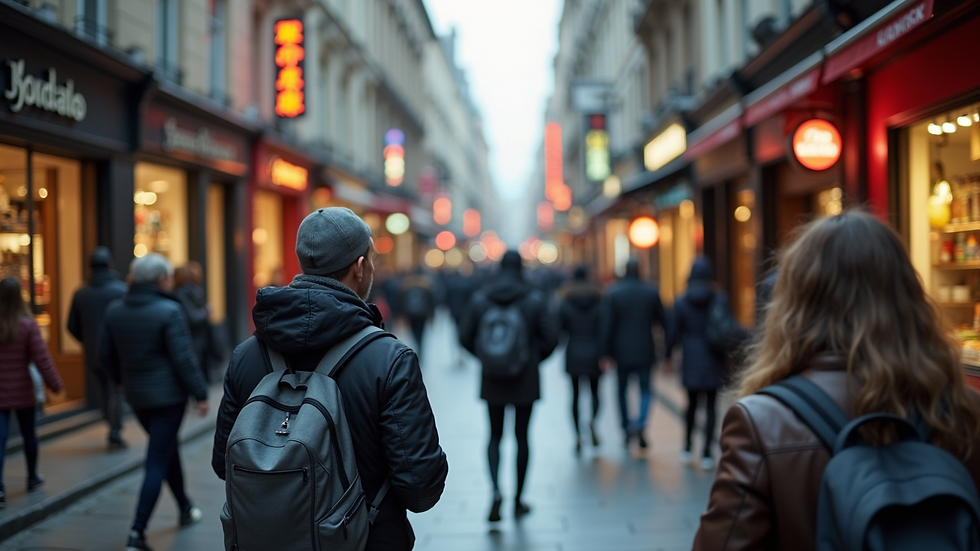 Wide angle view of a busy city street bustling with people and shops