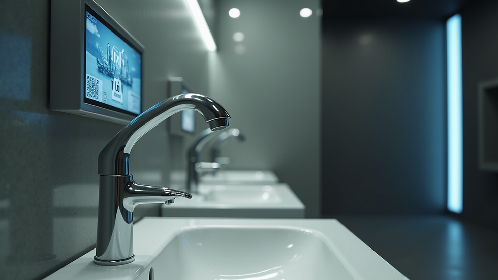 High angle view of a modern restroom faucet with an integrated digital advertising screen