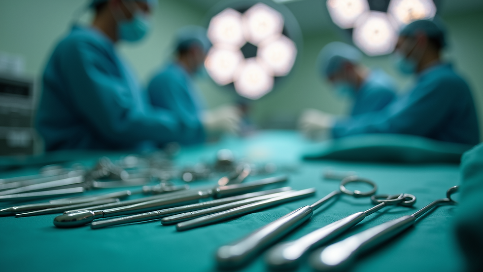 Close-up view of surgical instruments neatly arranged in an operating room
