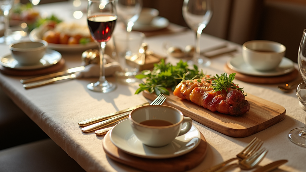 High angle view of a luxury private jet dining setup with elegant tableware