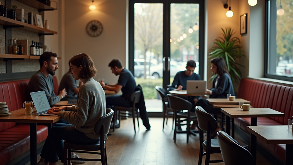 High angle view of a bustling café with people working on laptops