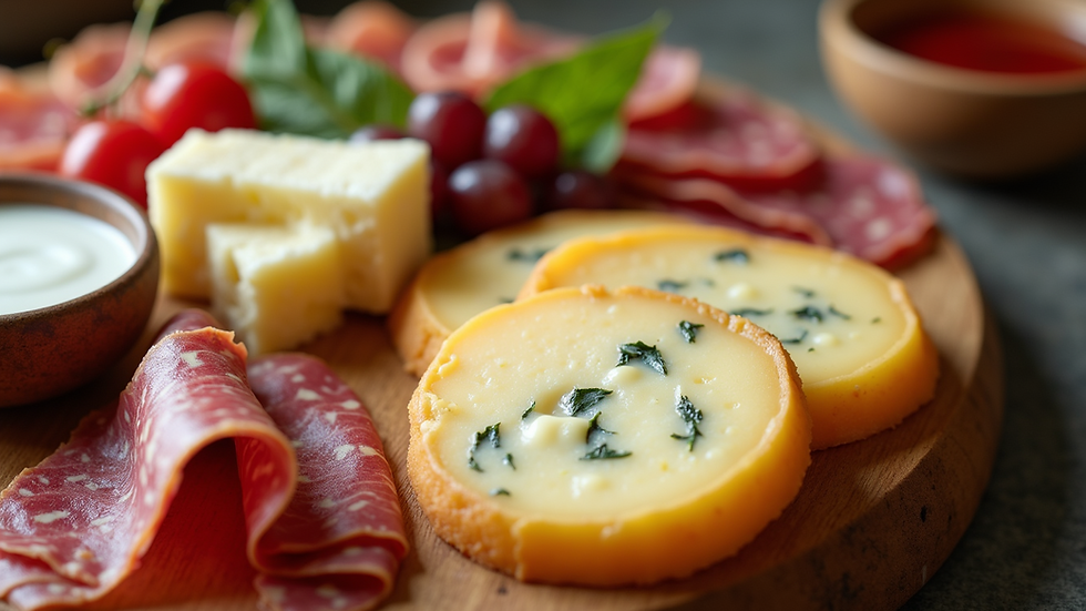 Close-up view of an artisanal charcuterie board with cheeses and cured meats