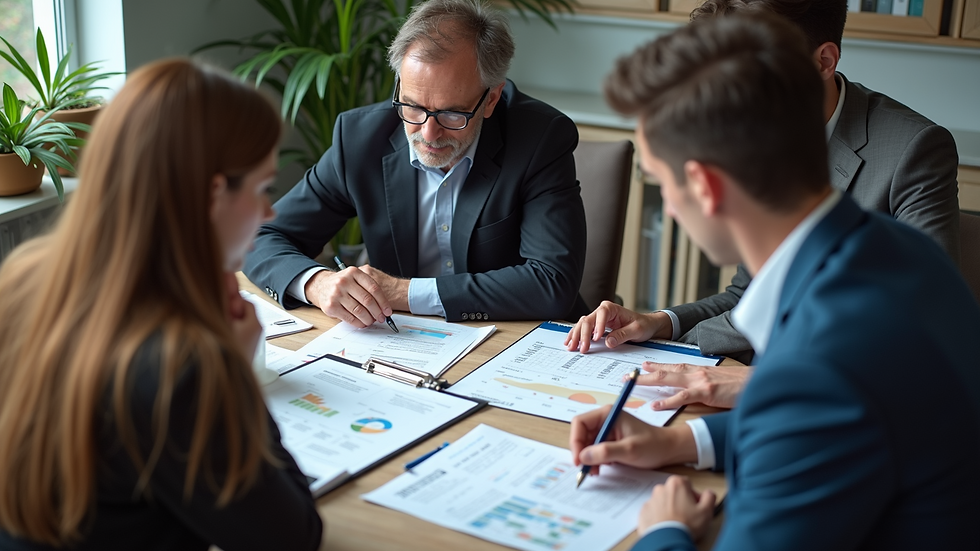 High angle view of a team collaborating over market research reports
