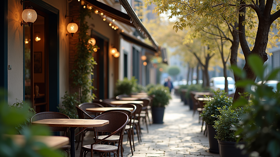 Eye-level view of a local café surrounded by outdoor seating
