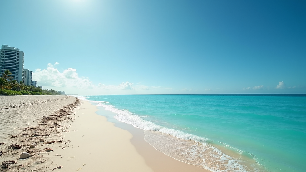 Wide angle view of Miami beach coastline with clear blue water and sandy shore