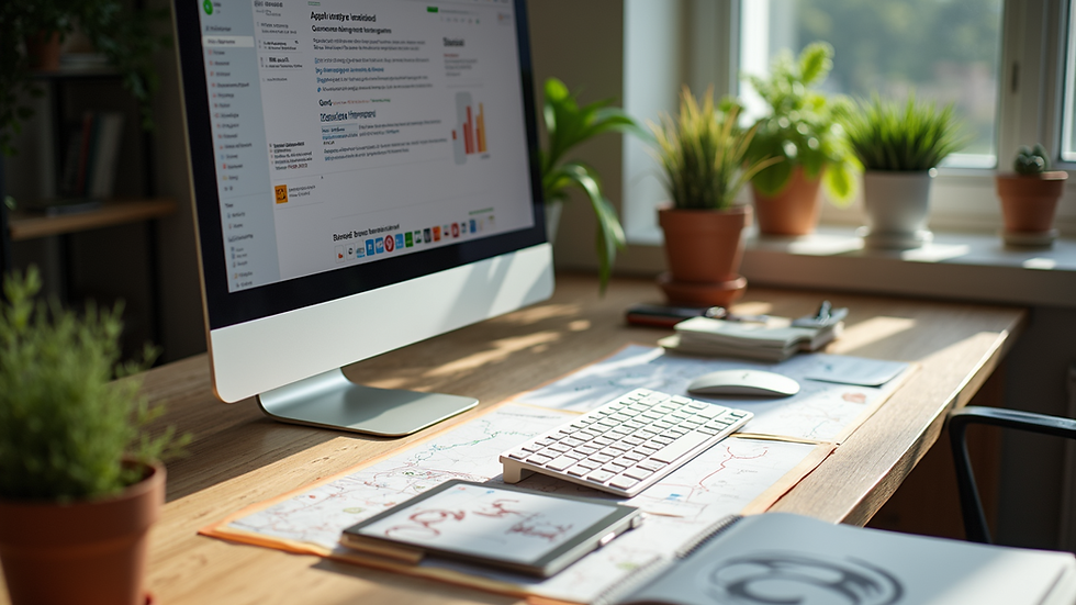High angle view of a creative workspace with marketing materials