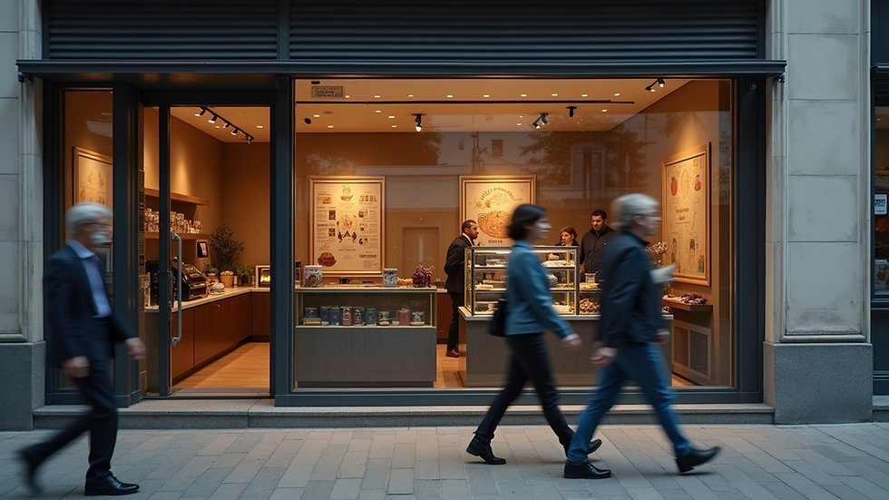 Eye-level view of a local coffee shop storefront with digital marketing posters