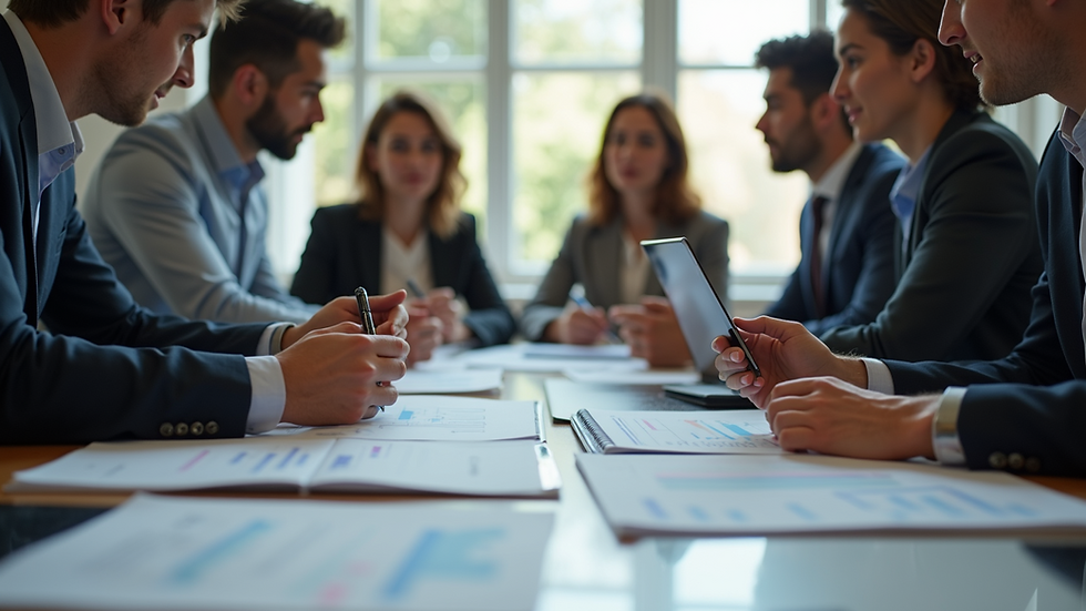 Eye-level view of a marketing team discussing campaign strategies around a table