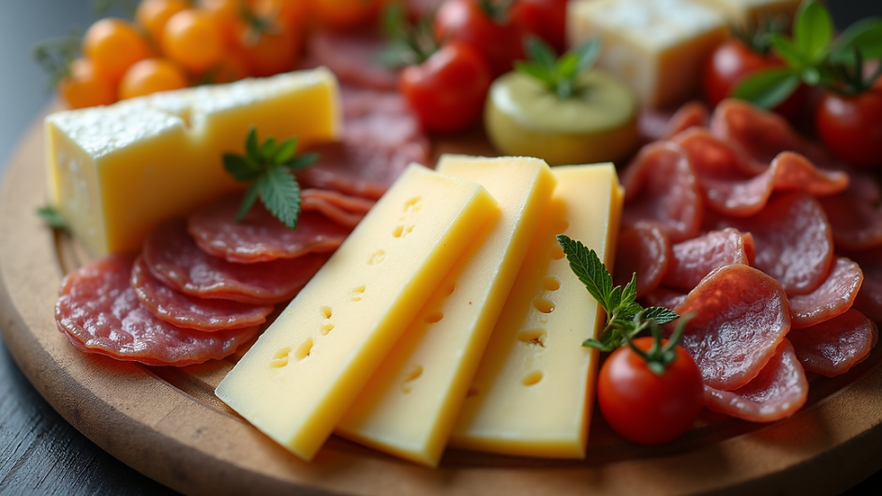 Close-up view of an elegant charcuterie board with artisanal cheeses and cured meats