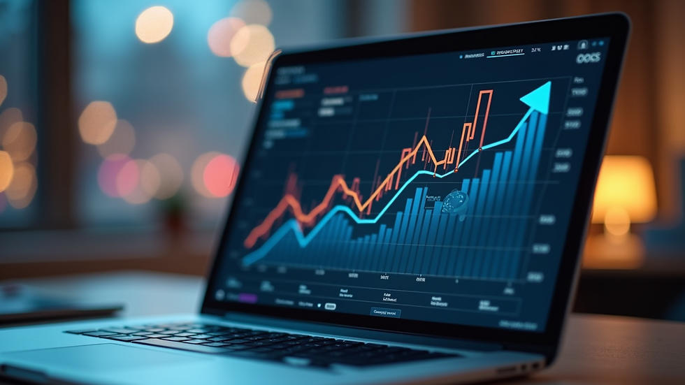 Close-up view of a business growth chart showing upward trends on a laptop screen