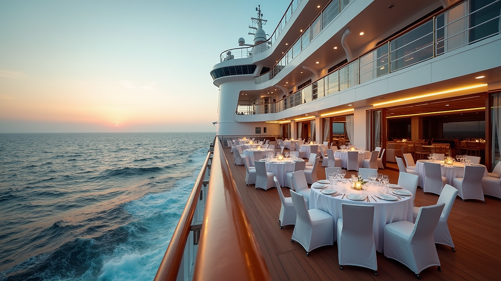 Eye-level view of a cruise ship deck with event setup