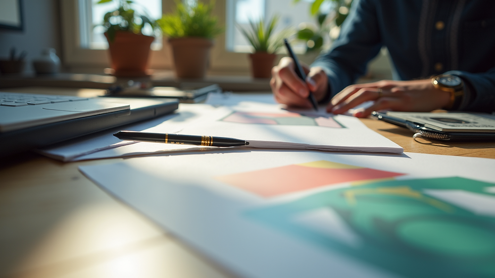 Eye-level view of a creative workspace with graphic design tools