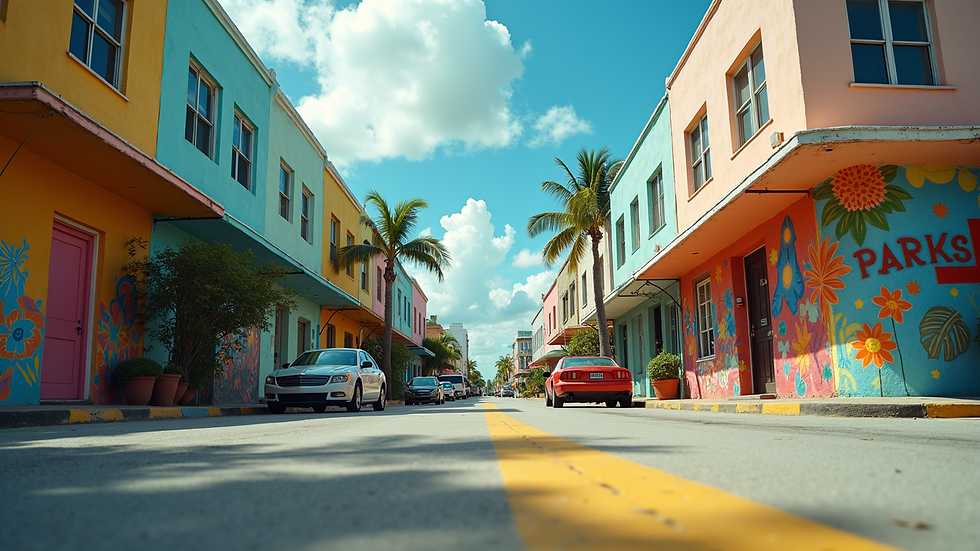 Eye-level view of a Miami street with colorful murals and local shops