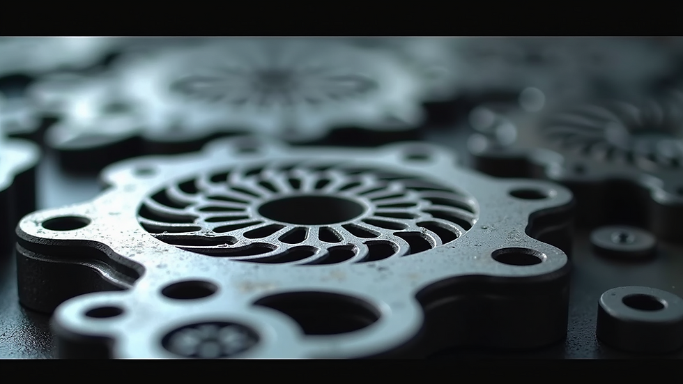 Eye-level view of metal parts with intricate laser-cut designs