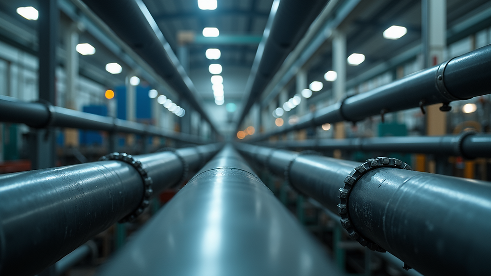 High angle view of industrial piping network in a manufacturing plant