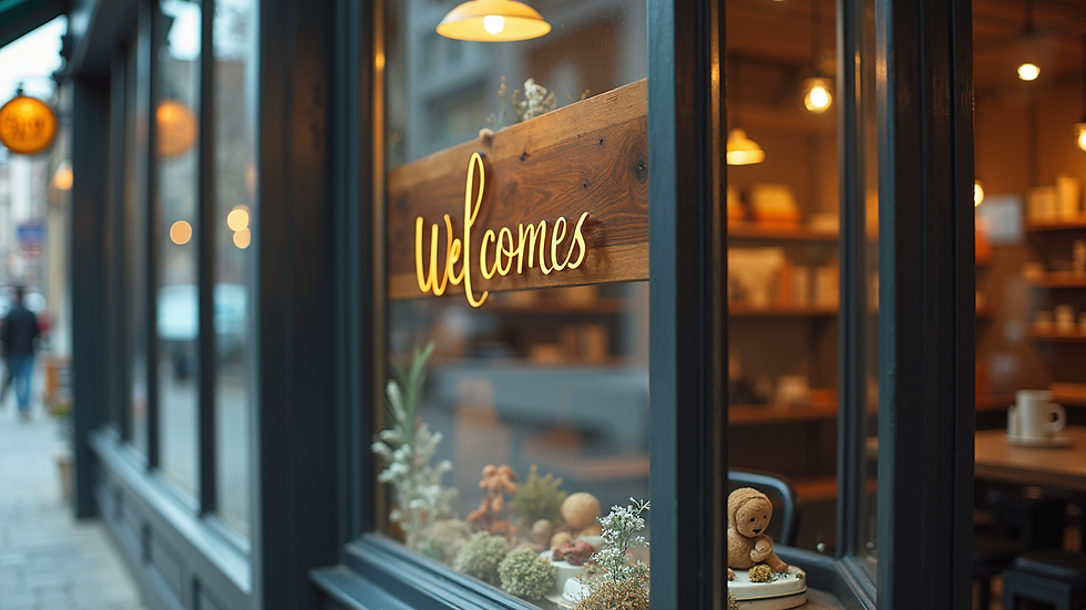 Eye-level view of a small business storefront with welcoming signage