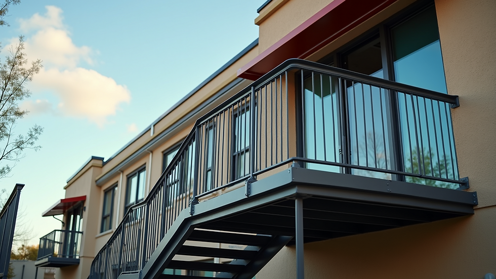 Eye-level view of a custom metal railing system installed on a commercial building