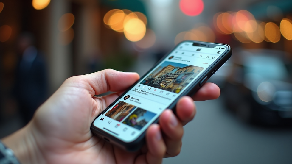 Close-up of a smartphone displaying a social media feed with colorful posts