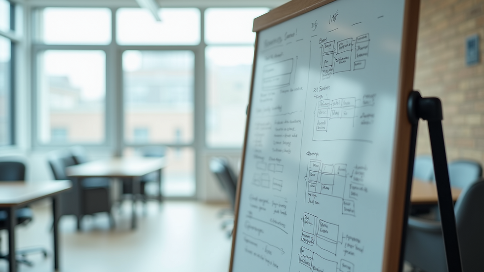 Close-up view of a whiteboard with business strategy notes and diagrams