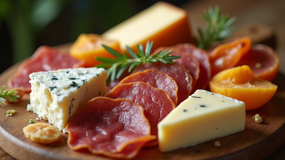 Close-up view of an artisanal charcuterie board with cheeses and cured meats