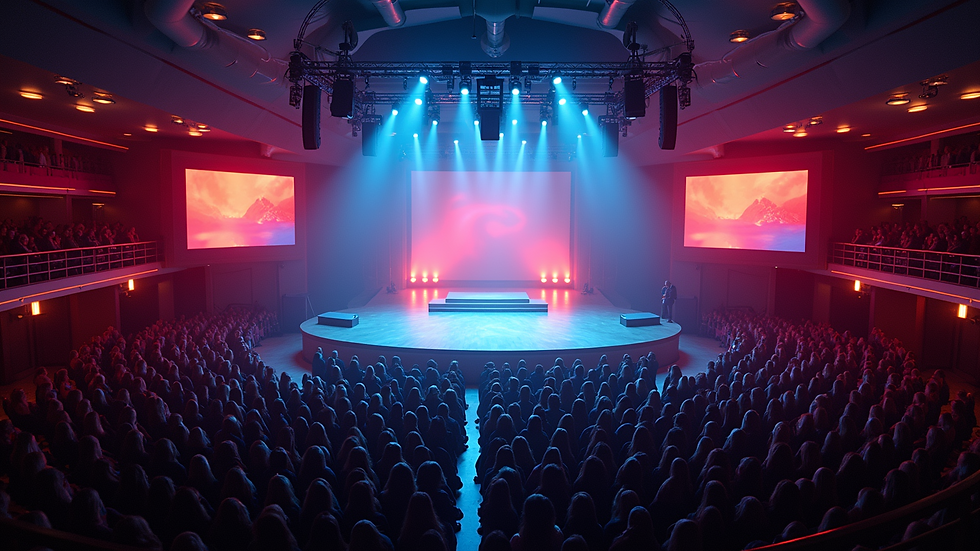 High angle view of cruise ship event stage with lighting and sound equipment