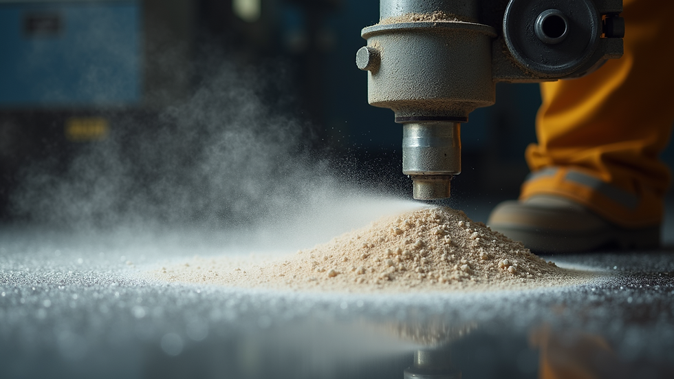 Close-up view of sand blasting machine cleaning a metal surface