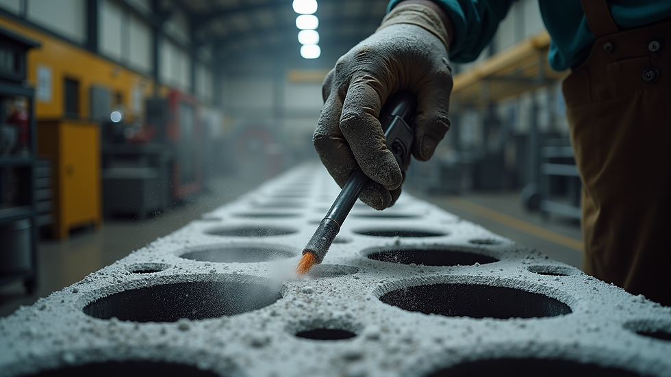 Eye-level view of industrial metal parts being sand blasted in a workshop