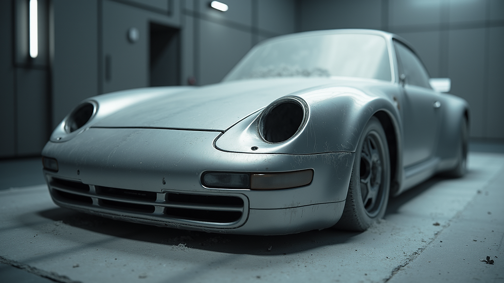 Eye-level view of a sand blasted metal car part ready for coating