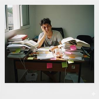 Estudante do ENEM sobrecarregado com pilhas de livros e anotações na mesa.