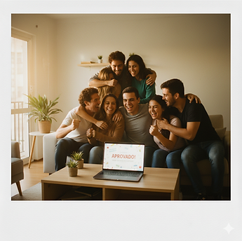 Grupo de amigos comemorando aprovação; laptop mostra ‘Aprovado!’ no ENEM