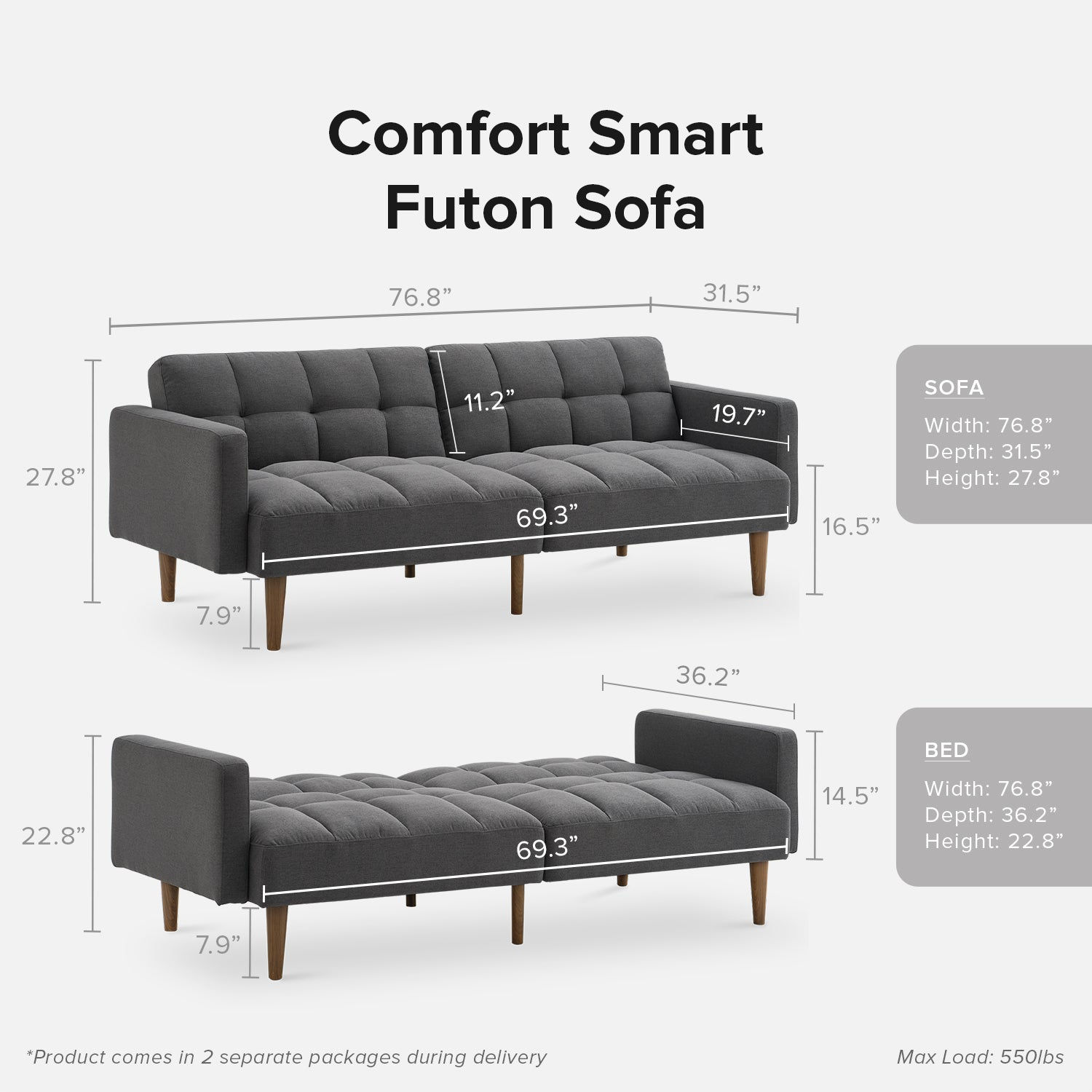 Aaron Futon Sofa Bed, Dark Gray Fabric - product image 4