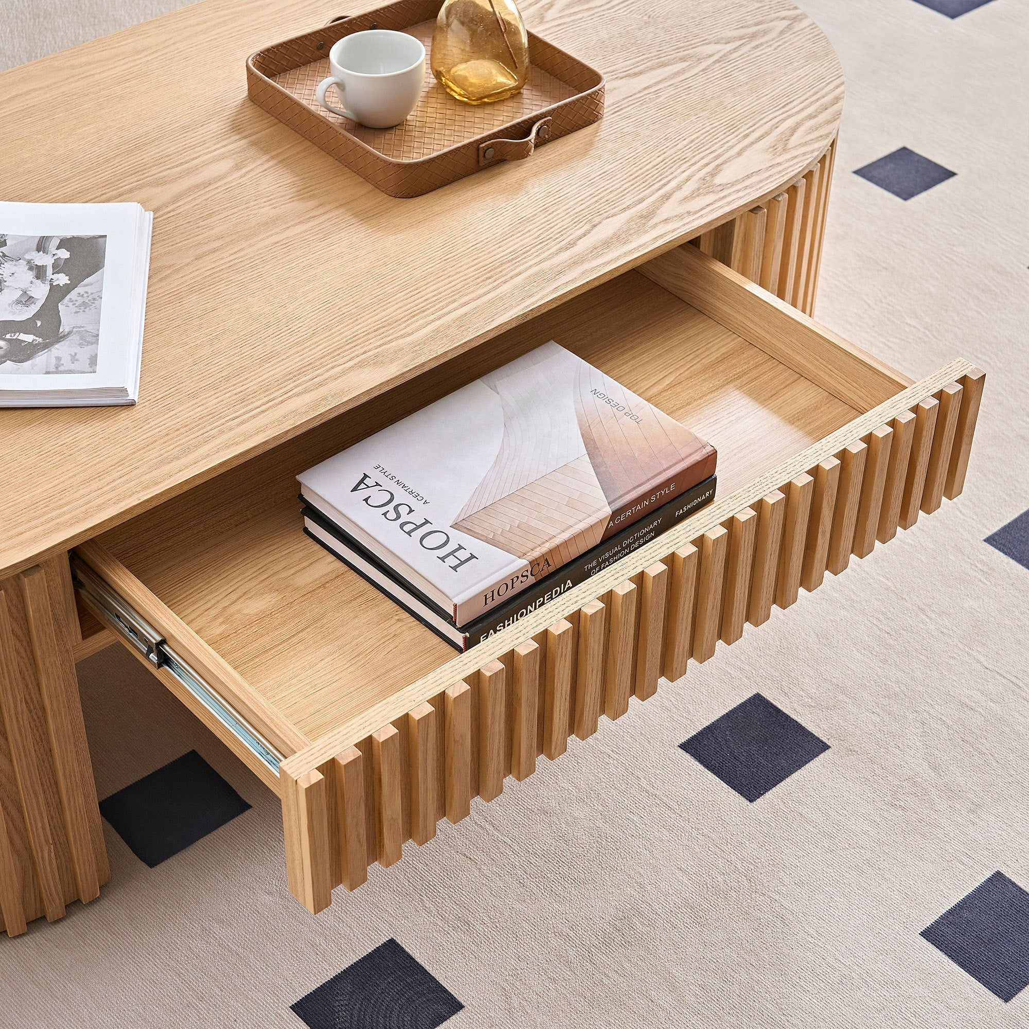 Reeded Oval Wood Coffee Table With Drawer - view 3