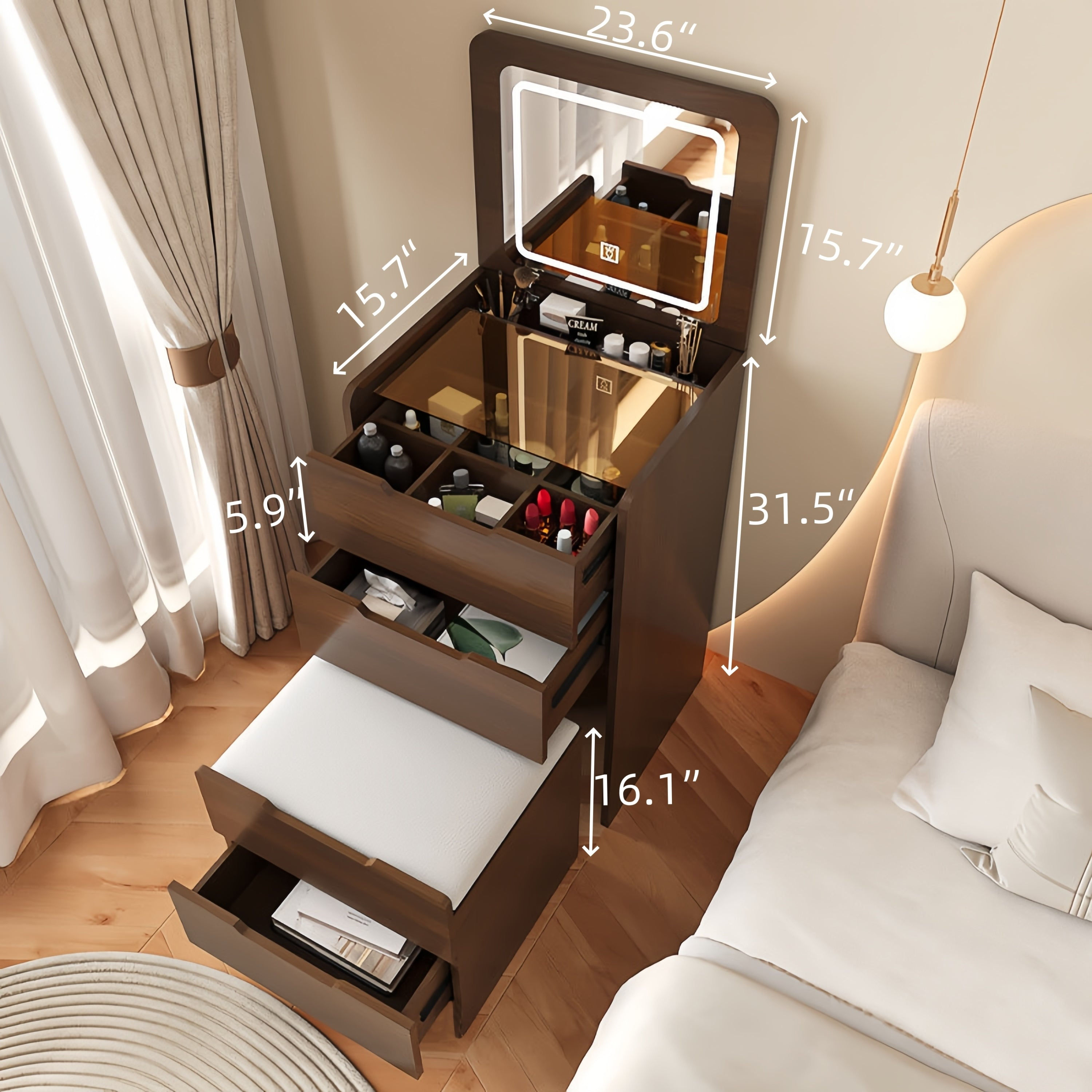 Walnut 3 in 1 Vanity Desk with Flip Top Mirror & Cushioned Stool - view 3