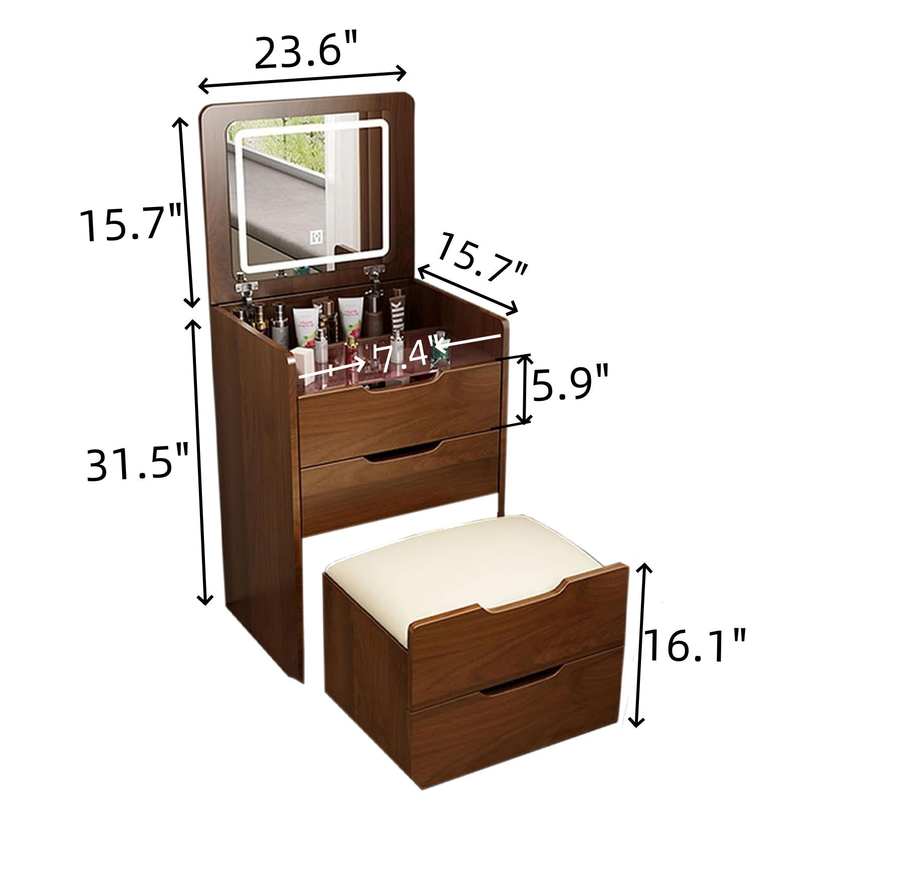 Walnut 3 in 1 Vanity Desk with Flip Top Mirror & Cushioned Stool - view 4