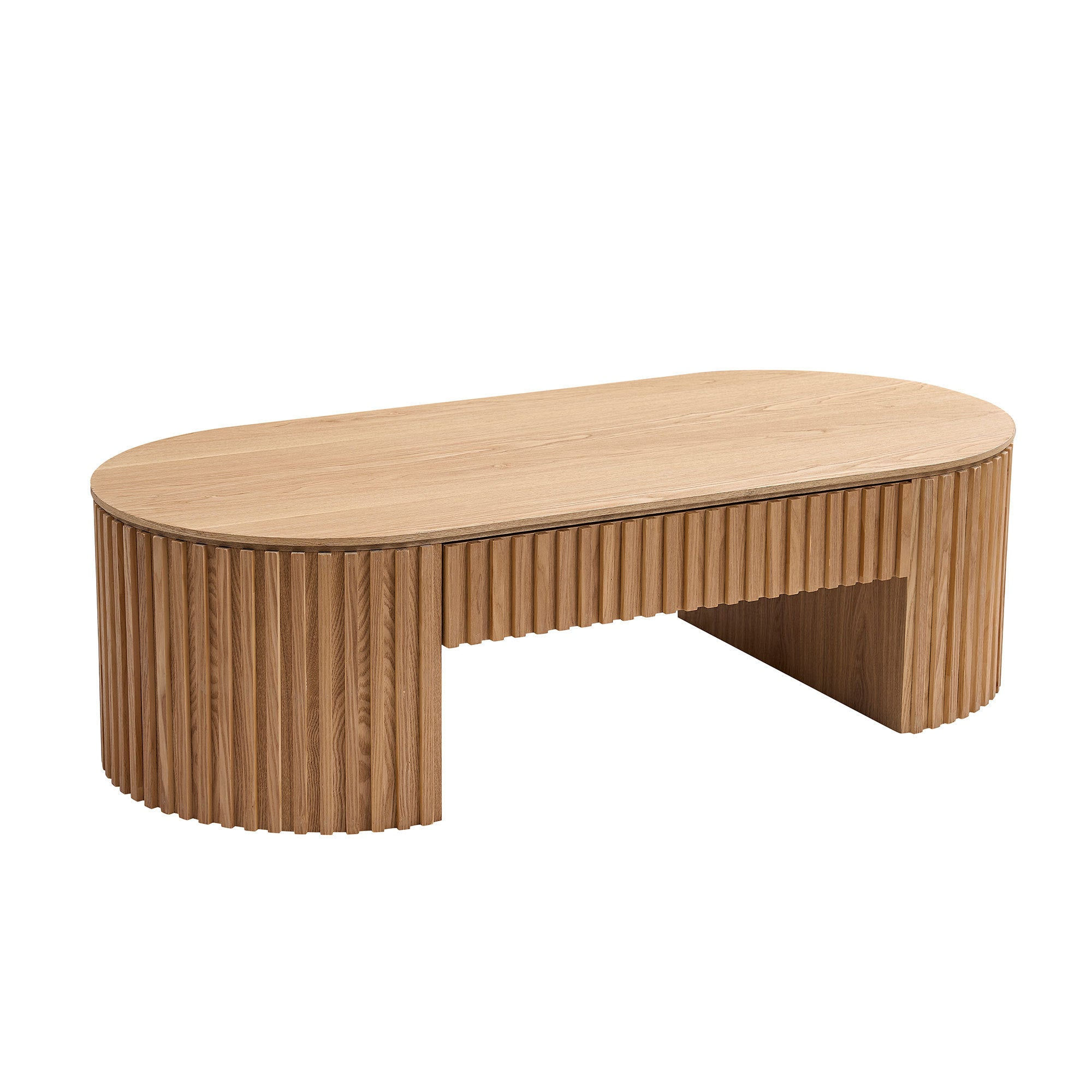 Reeded Oval Wood Coffee Table With Drawer - view 1