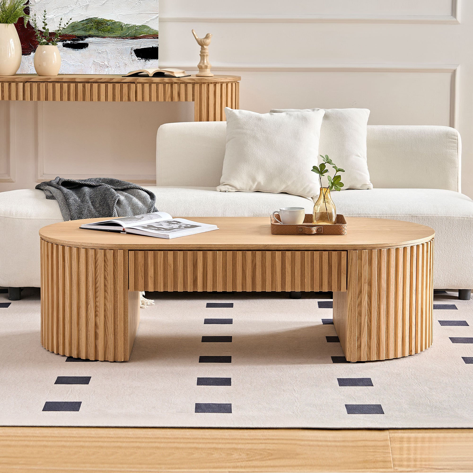 Reeded Oval Wood Coffee Table With Drawer - view 2