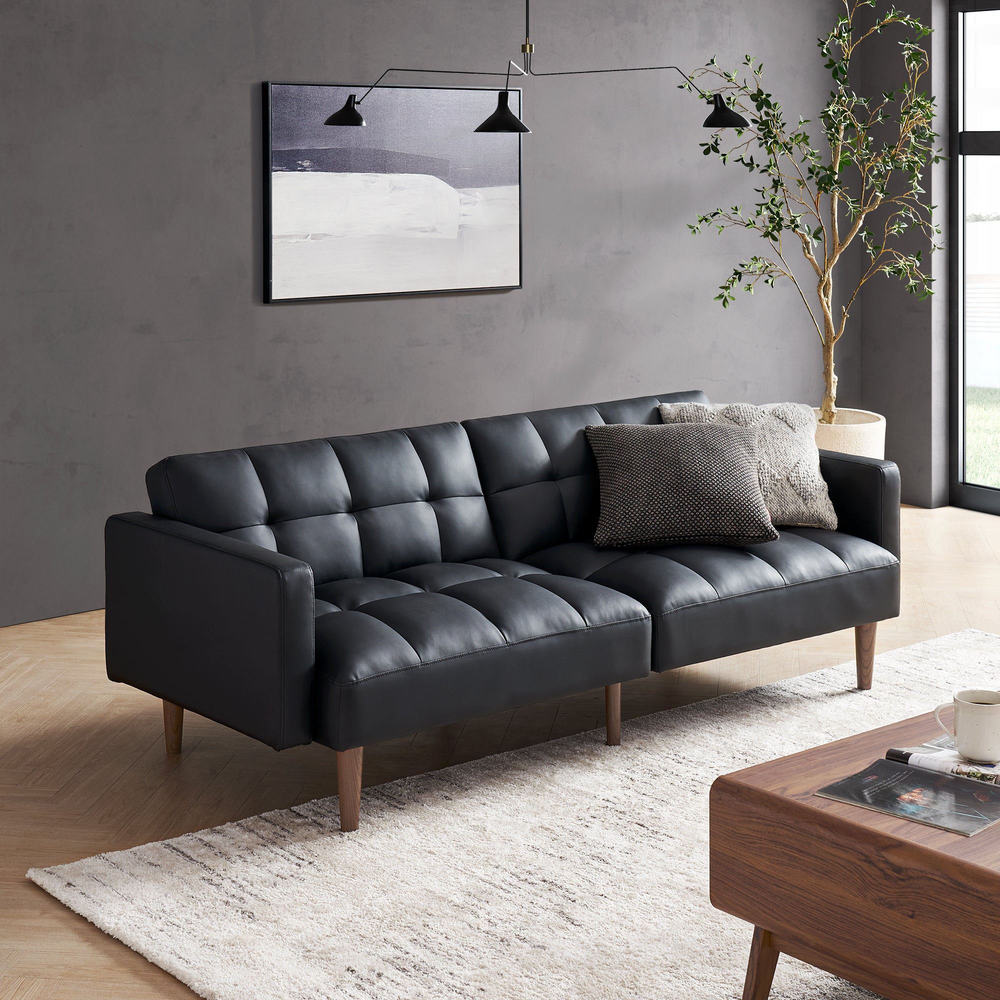 Aaron Futon Sofa Bed, Midnight Black Faux Leather - product image 2