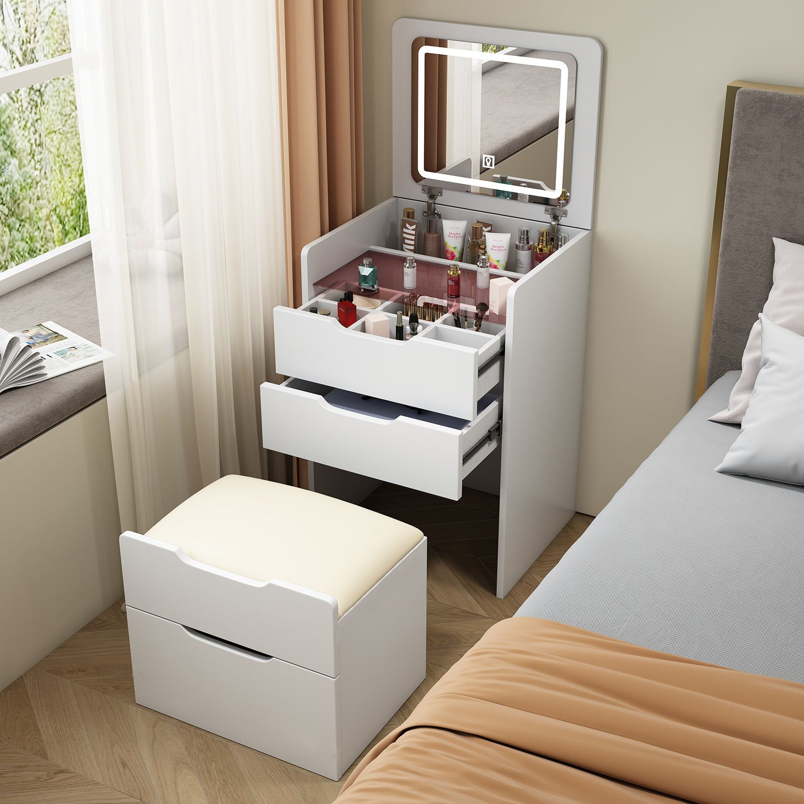 White 3 in 1 Vanity Desk Set with Flip Top Mirror & Storage - view 2