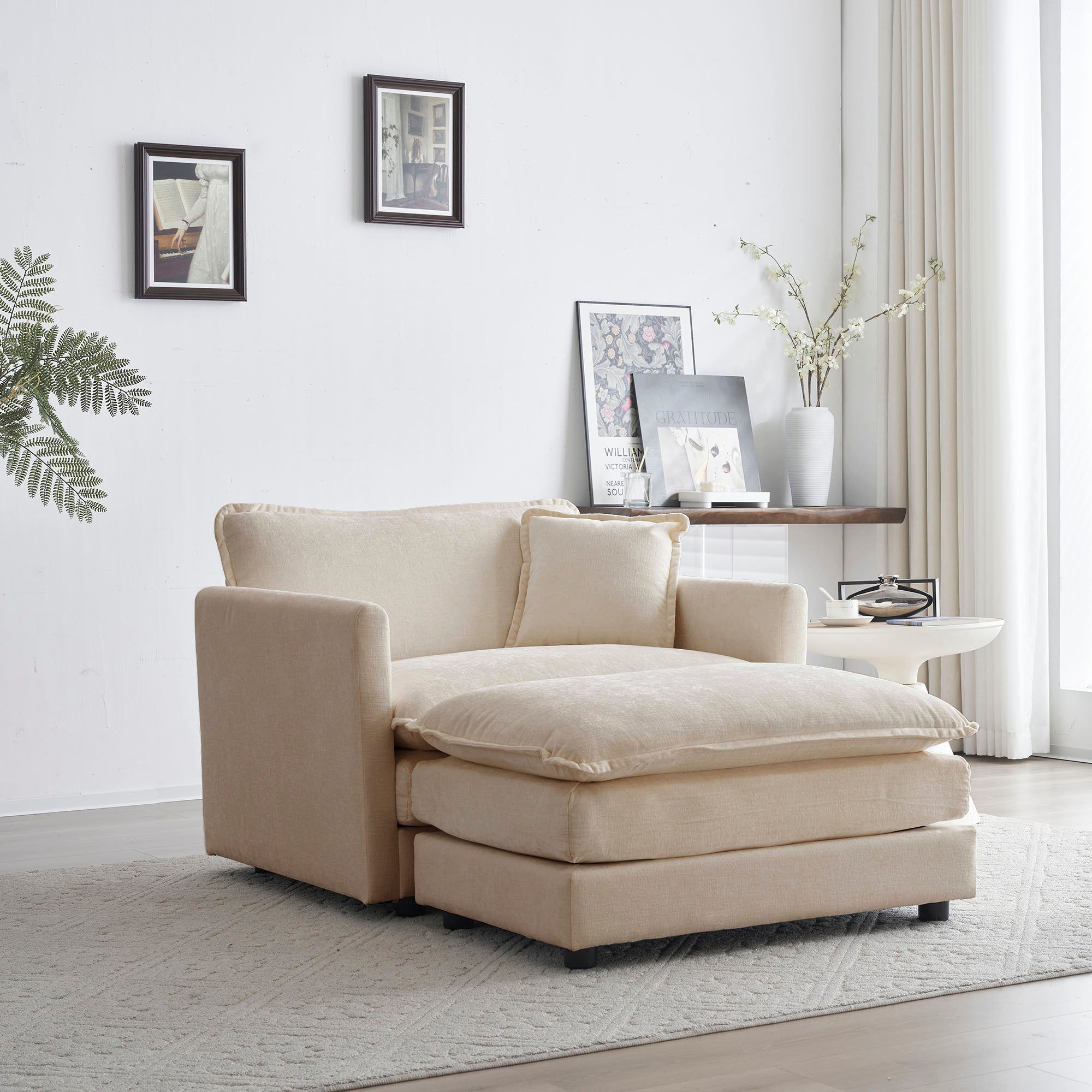 Beige Chenille Cloud Accent Chair with Ottoman Set - view 1
