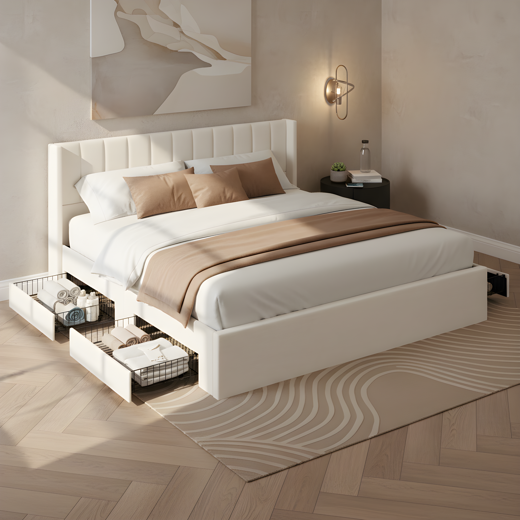 Chenille Upholstered King Bed with Sliding Storage Drawers - product image 2