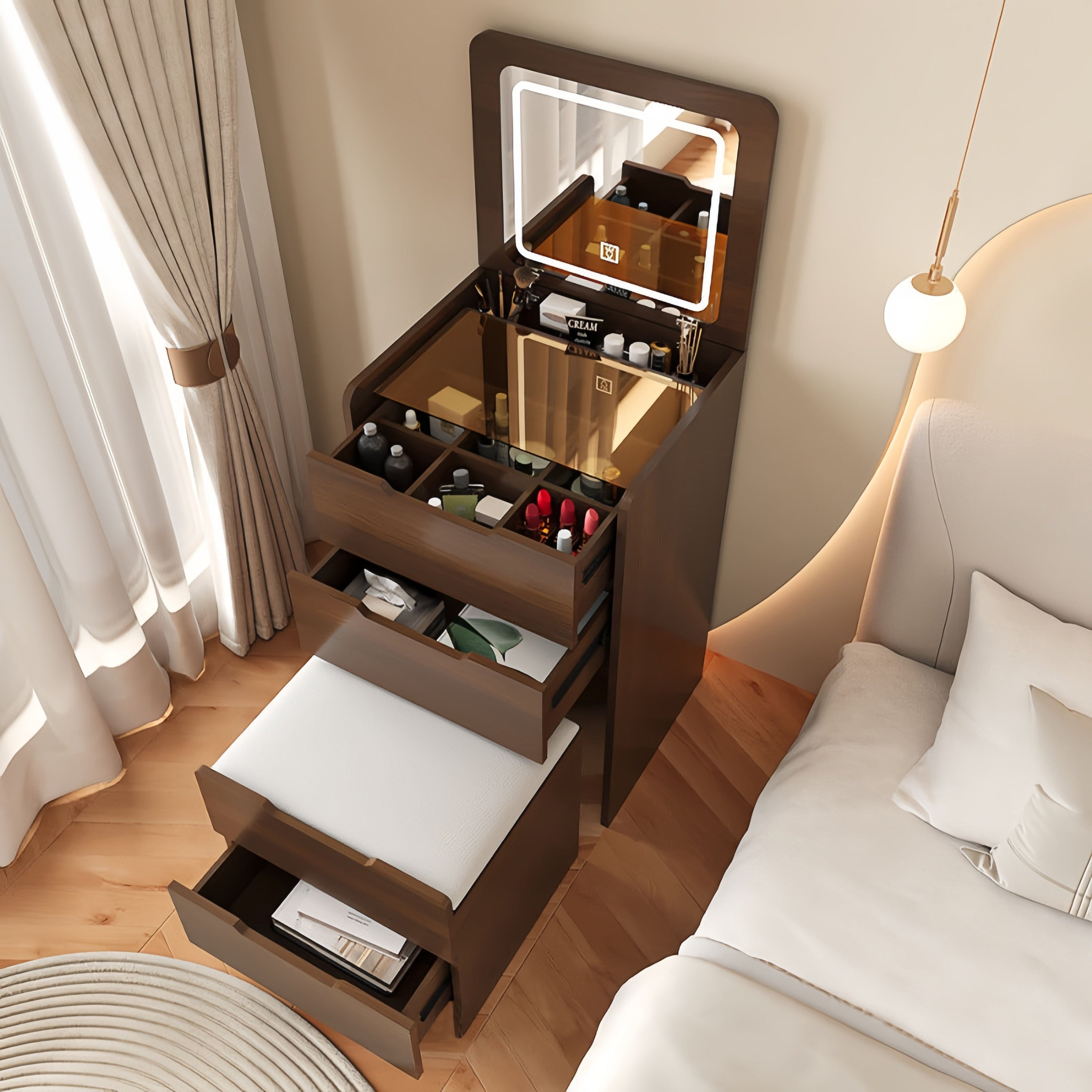 Walnut 3 in 1 Vanity Desk with Flip Top Mirror & Cushioned Stool - view 2