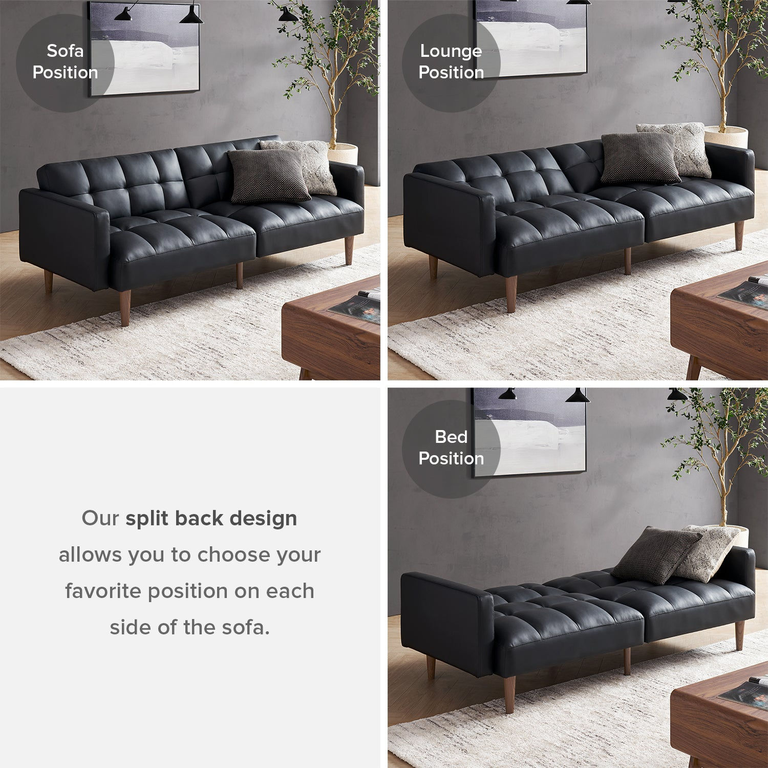 Aaron Futon Sofa Bed, Midnight Black Faux Leather - product image 4