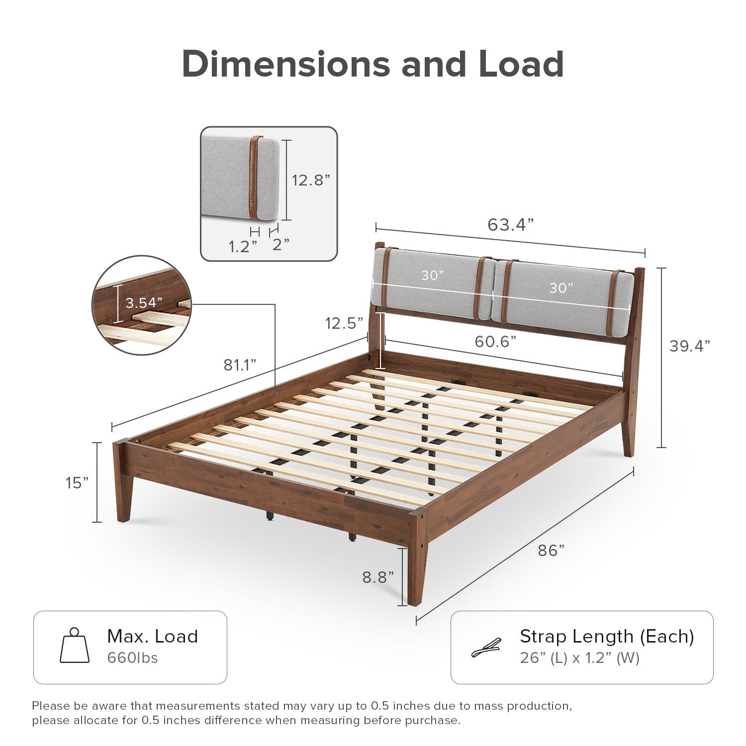 Ted Bed (Queen), Solid Acacia Wood Platform Bed with Removable Upholstered - product view 3