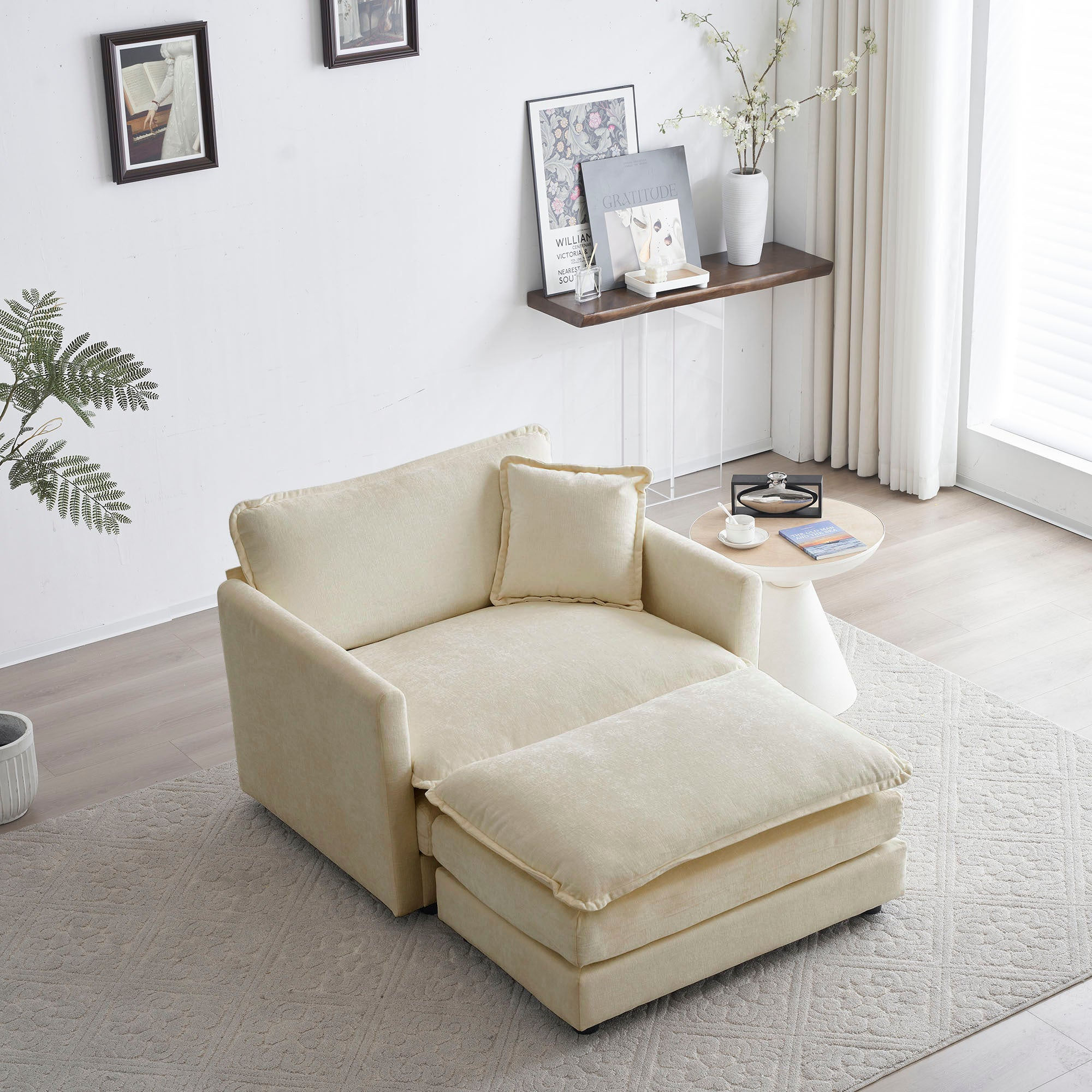 Beige Chenille Cloud Accent Chair with Ottoman Set - view 2