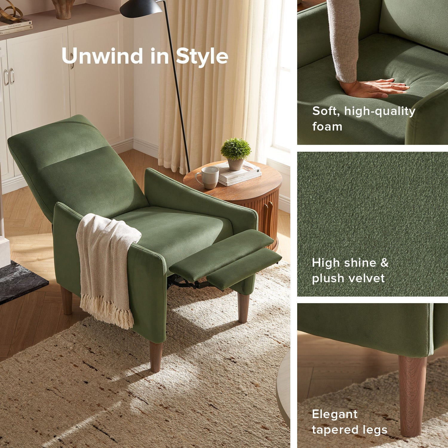 Arthur Recliner Chair, Olive Green Premium Velvet - product image 3
