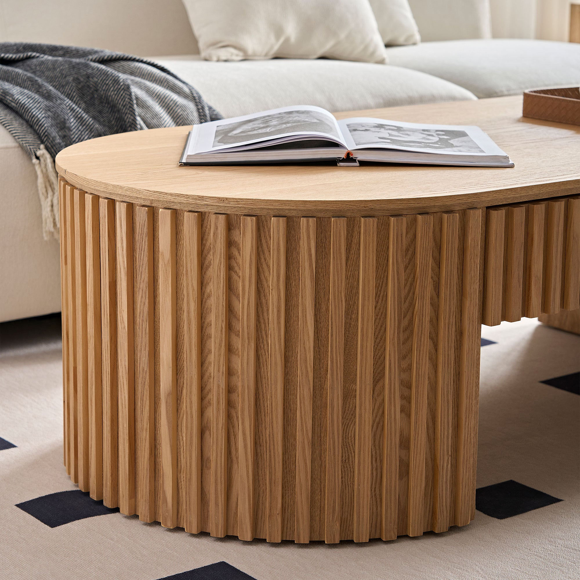 Reeded Oval Wood Coffee Table With Drawer - view 4