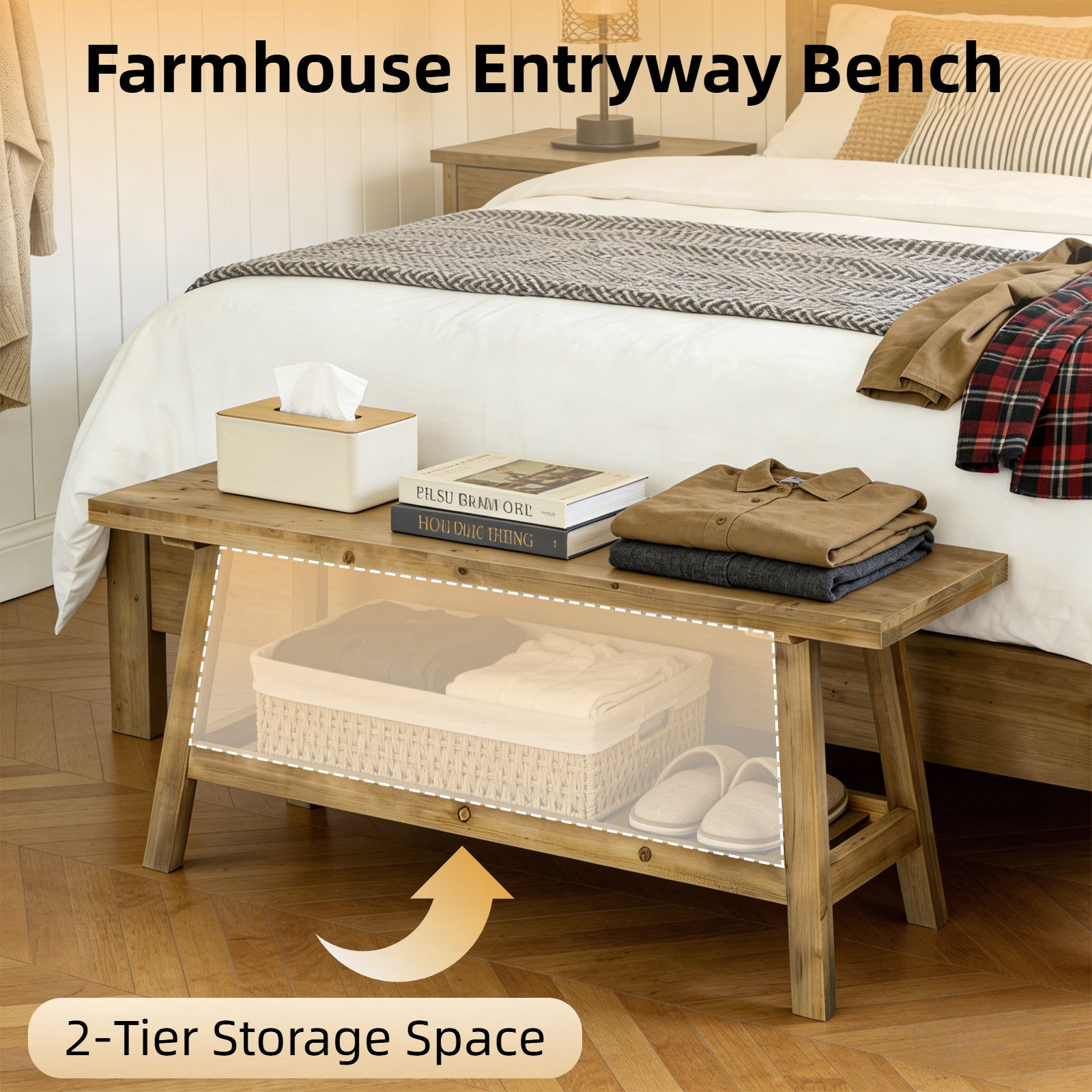 Farmhouse Entryway Wooden Bench with Open Storage Shelf - supplier gallery image 4
