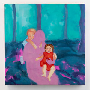 Family portrait of two children and a blocked out mother in a colorful, abstract forest speaking of parental absence.