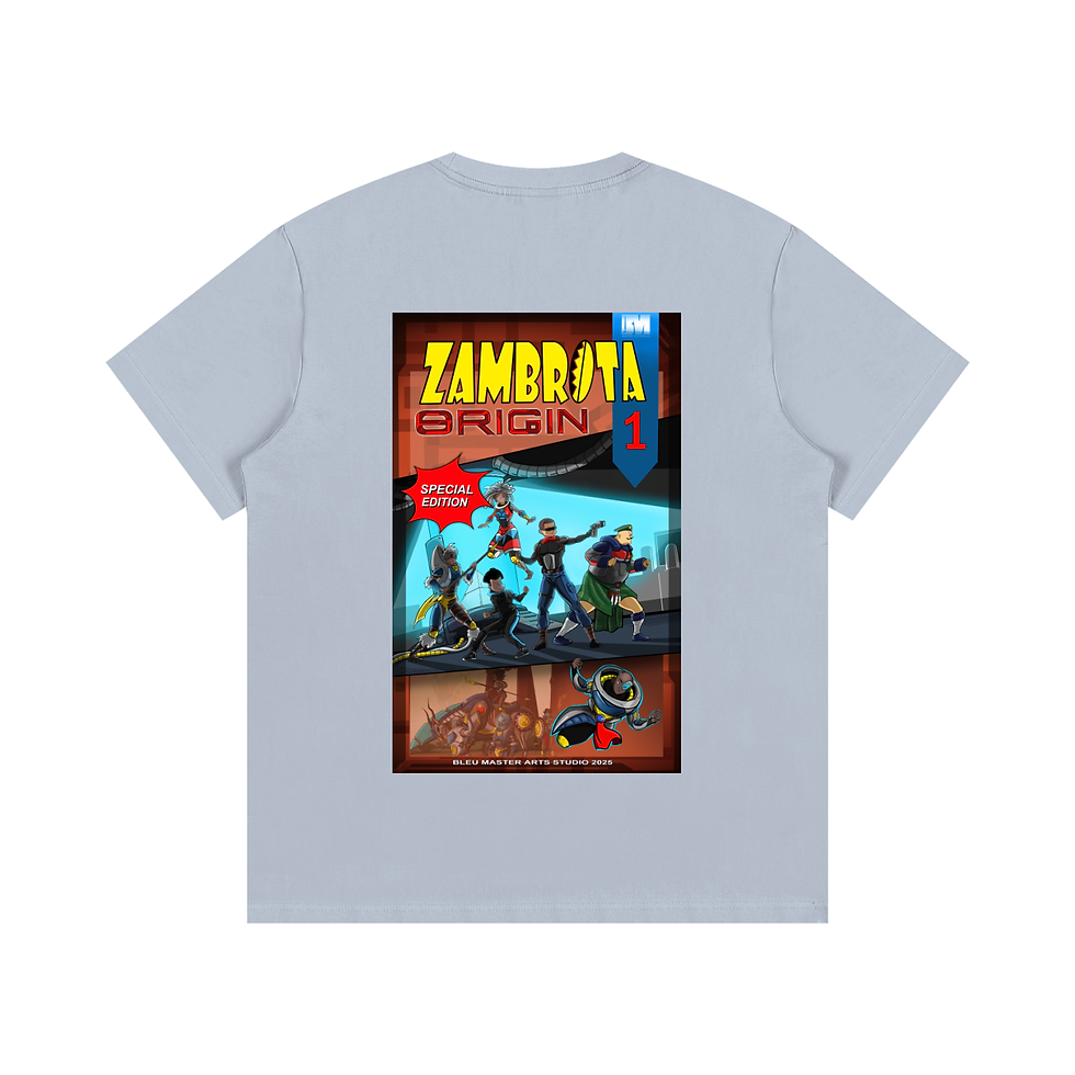 Thumbnail: Light blue t-shirt with ZAMBROTA ORIGIN 1 poster on it. BM arts studio.